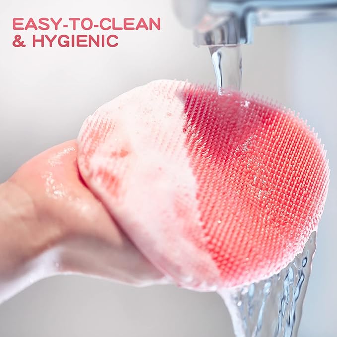 Manmihealth 4 Pack Soft Silicone Shower Brush, Super-Lathering and Deep-Cleaning Body & Face Scrubber, Gentle Exfoliating Bath Glove for All Skin Types, with Free Hooks (Black+Pink)*2