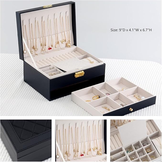 GUOER Jewelry Box for Women Girl Wife - Large PU Leather Jewelry Organizer Storage Case with Two Layers Display for Earrings Bracelets Rings Watches (Black)