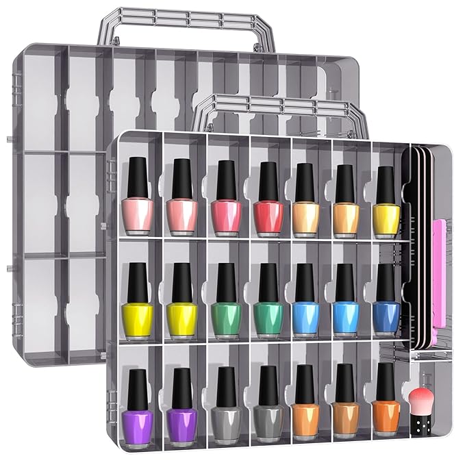Beloving 2pcs Nail Polish Organizer, Portable 48 Bottles Clear Nail Polish Holder with Adjustable Divider, Gel Nail Polish Storage Double Side Nail Polish Organizer Case for Nail Tech Grey