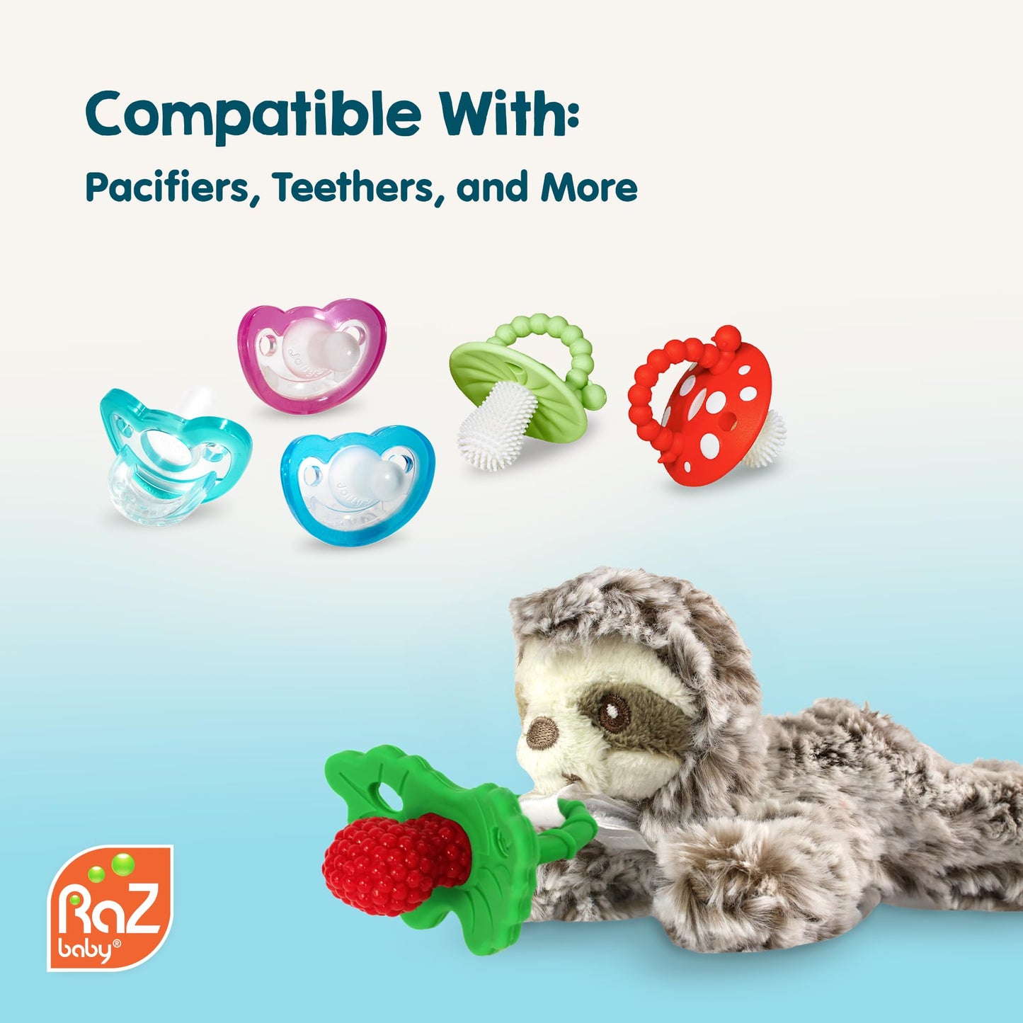 RaZbaby JollyPop Pacifier, Holder w/Detachable Baby Pacifier, Stuffed Animal RaZbuddy, All Ages 0M+, Machine Washable, Textured & Easy to Hold – Elephant