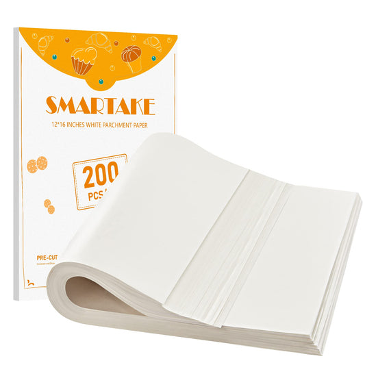 SMARTAKE 200 Pcs Parchment Paper Baking Sheets, 12x16 Inch Non-Stick Precut Baking Parchment, Suitable for Baking Grilling Air Fryer Steaming Bread Cup Cake Cookie and More (White)