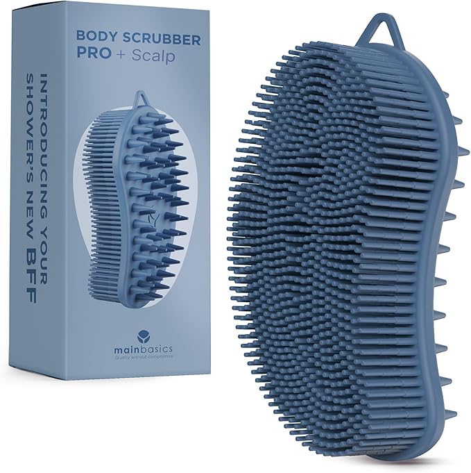 MainBasics Silicone Body Scrubber Dual-Sided Shower Loofah and Scalp Scrubber (Dark Blue, Scalp)