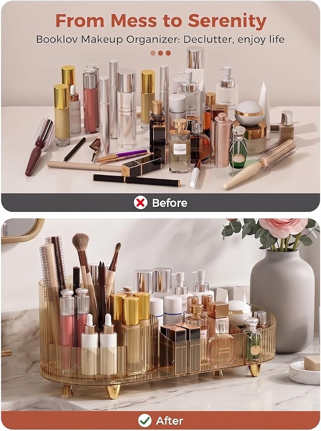 Booklov Rotating Makeup Organizer for Vanity, Large Capacity Cosmetic Display Case, Clear Acrylic Countertop Beauty Storage Holder for Skincare, Brush Eyeshadow Lipstick, Counter Desk, Crystal Amber