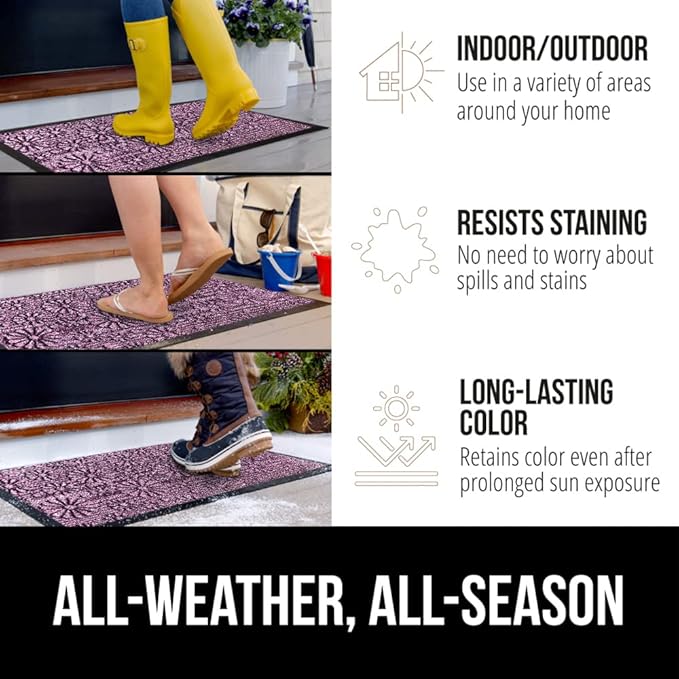 GORILLA GRIP 100% Waterproof All-Season WeatherMAX Doormat, Durable Natural Rubber, Stain and Fade Resistant, Low Profile, Indoor Outdoor Door Mats, Easy Clean Entry Mat, 17x29, Purple Confetti Daisy