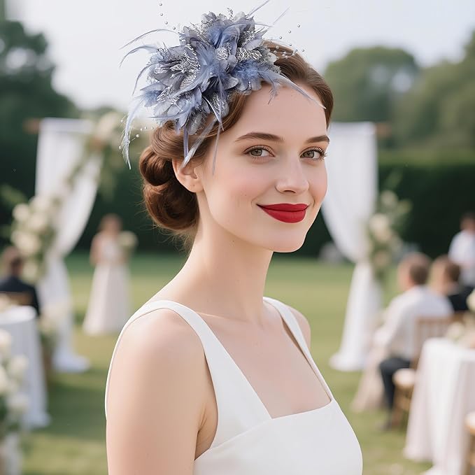 Womens Fascinators Hats Tea Party Hats for Women, Feather Pearl Veil Headband for Wedding Cocktail Dresses Accessories