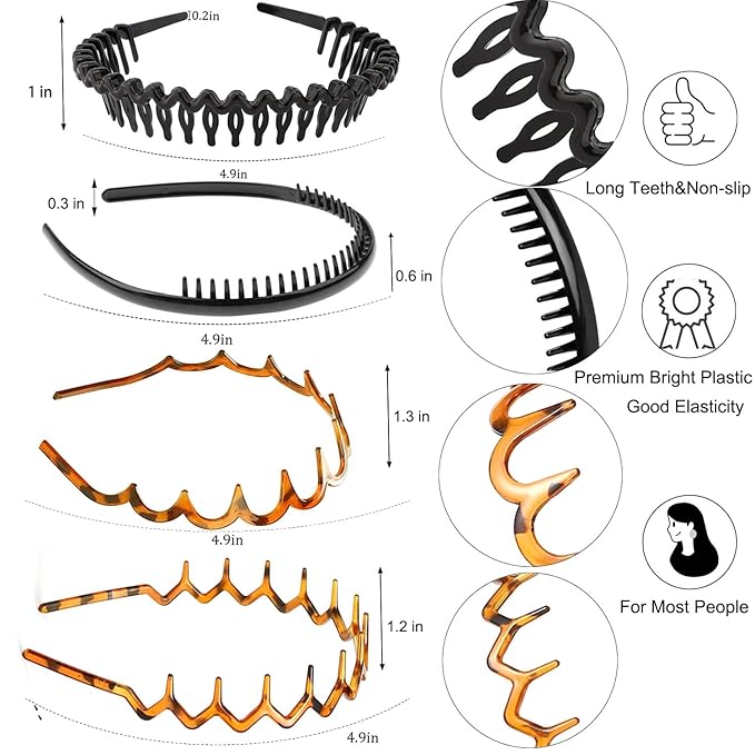 ULTIMUTE 8 PCS Fashion Effortless Plastic Headbands with Teeth Comb Black Skinny Headbands No Slip Hair Accessories Bands for Women Men Teen Girls, Leopard&Bright Black