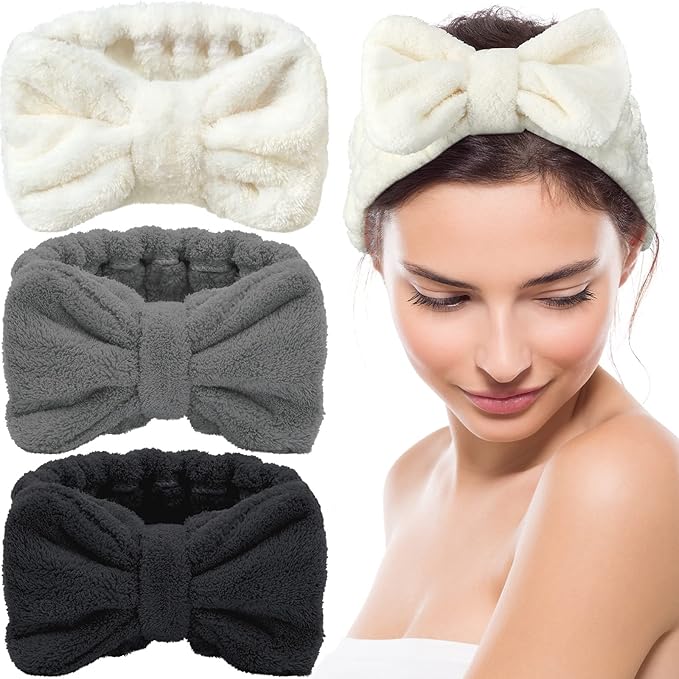 3 Pieces Towel Headbands for Women Makeup Headband for Washing Face Makeup Spa Headband, Microfiber Bowtie Shower Headband for Women (White, Light Gray, Black)
