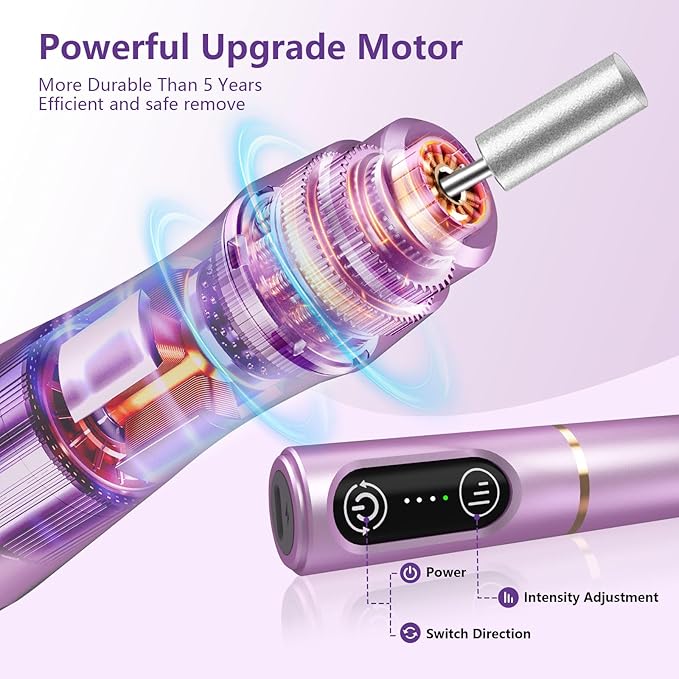 Cordless Nail Drill Electric Nail File Kit, Rechargeable Efile Set, Portable Acrylic Gel Nail Polish Remover Machine, Pedicure Manicure Tool, 11 Bits, 56 Sanding Bands, Salon Home, Purple