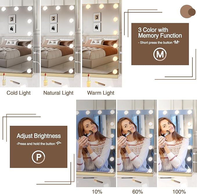 Vanity Mirror with Lights, 31.5" x 23.6" Large Makeup Mirror with LED Lights, Smart Touch Dimmable 3-Color Light, Memory Function, USB Charging Port Gold