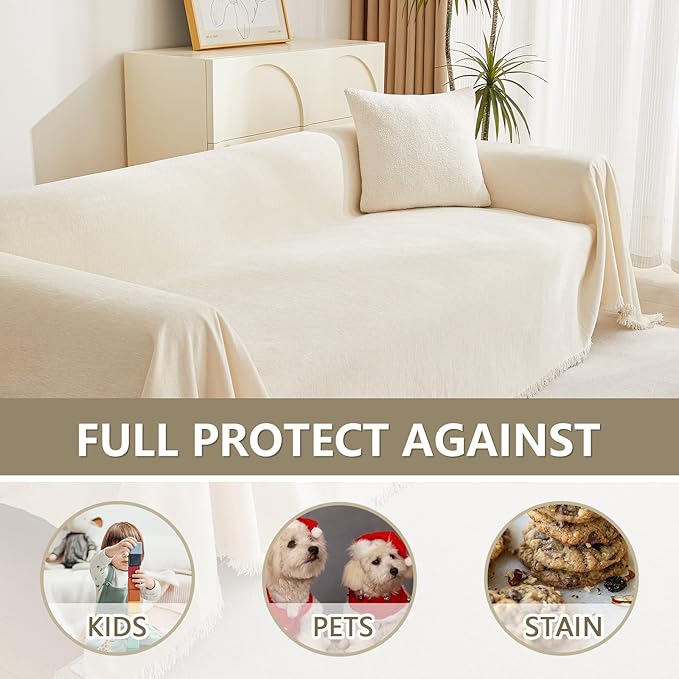 MYSKY HOME Couch Cover 3 Cushion Sofa with Tassel, Chenille Sofa Covers Couch Covers, Slipcovers for Sectional l Shaped Dogs Protector Furniture Covers, 91" X150", Beige