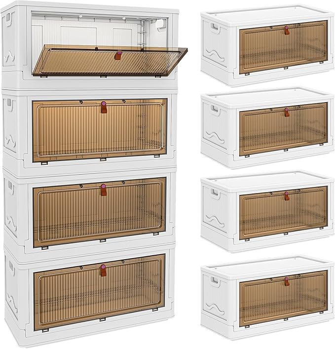 YFXCVSL 4 Tier Plastic Storage Bins with Lid 102QT, Stackable Storage Containers with Wheels, Folding Storage Boxes, Stackable Storage Bins, Organizers and Storage for Living Room
