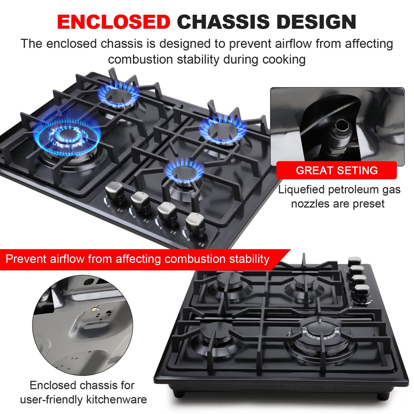 FORIMO Gas Cooktop 22Inch，Built in Gas Cooktop 4 Burners Stainless Steel Stove with NG/LPG Conversion Kit Thermocouple Protection and Easy to Clean