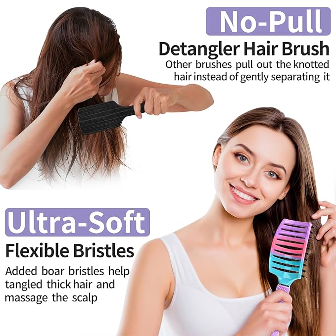 Boar Bristle Hair Brush Set of 2, HIPPIH Wet & Dry Hair Brushes Made by Fine Natural Boar Hair Can Adds Shine and Smoothing, Detangling Hairbrush for Women, Men & Kids' Long Curly Thick Hair