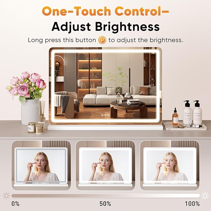 DUMOS 22"x32" LED Vanity Mirror with Lights, Dimmable 3 Color Modes Makeup Mirror with Memory Function, USB Charging, Aluminum Frame, Lighted Mirror for Desk or Bedroom