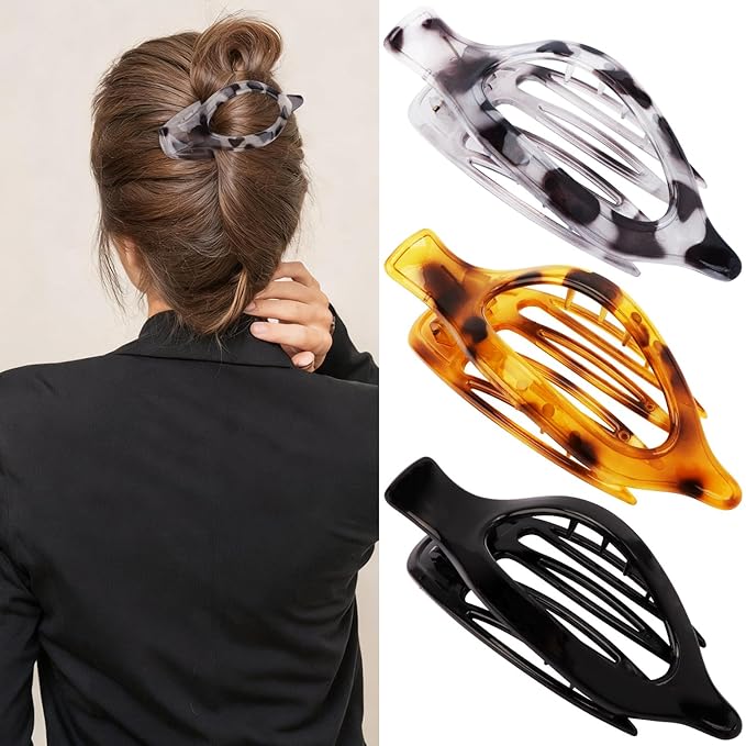 Flat Hair Clips Duckbill Large Claw Clips for Thick Medium Thin Hair 3Pcs Non Slip French Barrettes Alligator Accessories for Women Girls Leopard Grey Brown Black