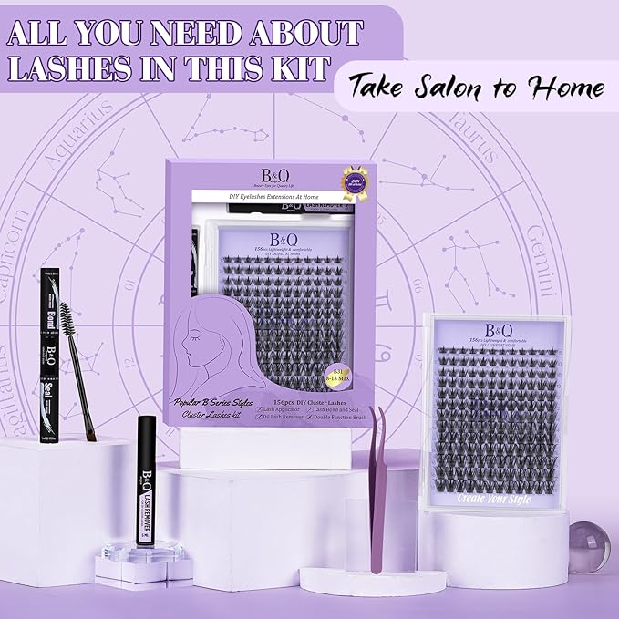 Lash Extension Kit B31 Eyelash Extension Kit B&Qaugen DIY Lash Extension Kit 156 PCS Lash Clusters 8-18mm Cluster Eyelash Extensions Kit with Lash Bond and Seal Lash Applicator Tool (Kit,B31)