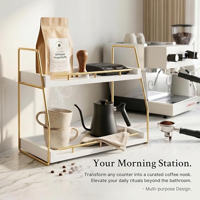 Mustry Bathroom Countertop Organizer, 2-Tier Makeup Organizer for Vanity, Wooden Shelf with Gold Metal Frame for Skincare, Perfume & Decor (White&Gold)