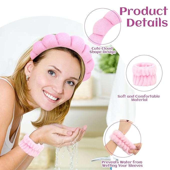 6 Pcs Spa Headband Set - Terry Cloth Headbands with Sponge Wristbands for Skincare, Makeup Removal, and Shower