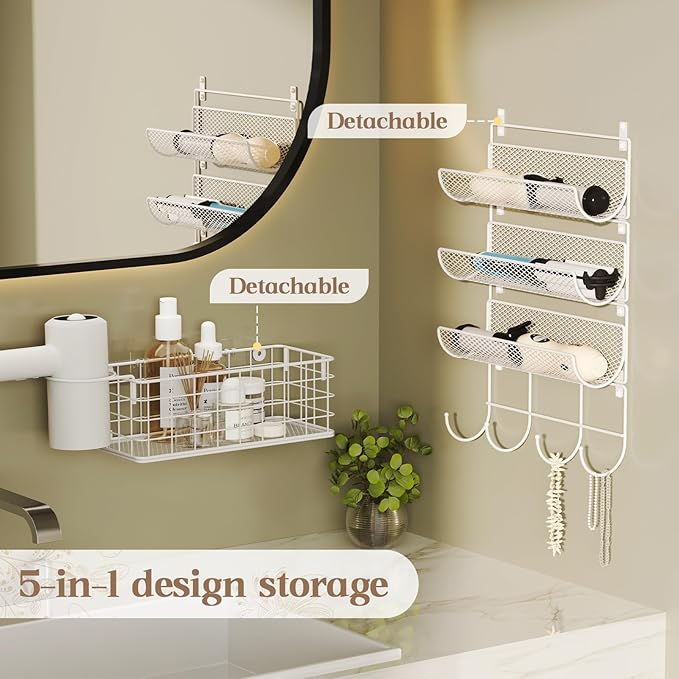 Wall-Mounted Hair Dryer Holder Styling Tool Organizer 4-Shelf Storage Wire Basket with Hook Heat Safe Rack for Hair-Straighteners,Curling Wands,Flat Iron,Cabinet Door Bathroom Kitchen White