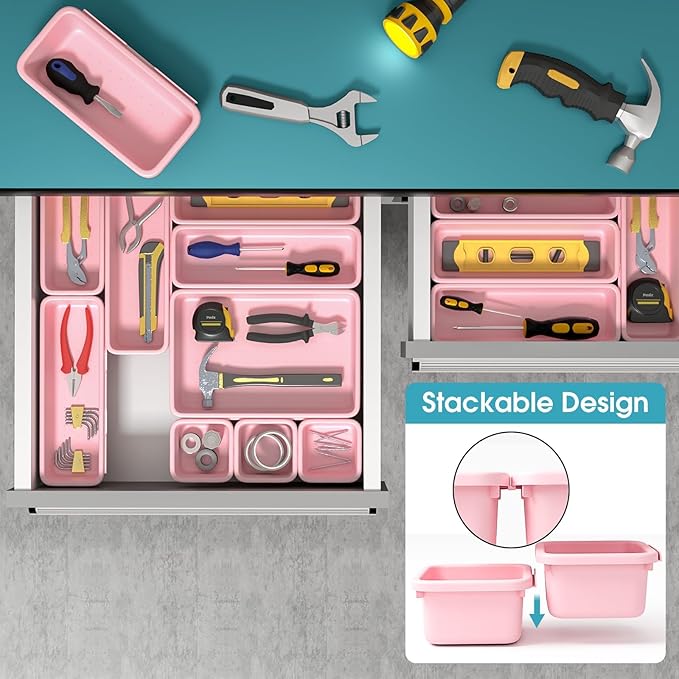 16 PCS Drawer Organizer Set, 4 Size Makeup Drawer Divider Organizer With Non-Slip Pads, Interlocking Plastic Storage Bins for Office,Jewelry Vanity,Gadgets, Bathroom,Kitchen, Pink