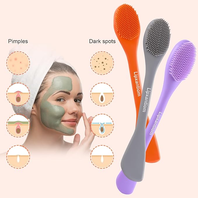 3 Pcs Silicone Facial Cleansing Brush, 2 in 1 Face Mask Applicator and Pore Cleansing Tool, Orange+Gray+Purple, for All Skin Types