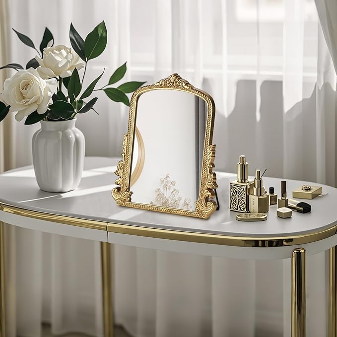 Vintage Makeup Mirror, Vanity Desk Mirror Antique Traditional Tabletop Mirror, Standing, Hang or Wall Mounted, Adjustable Dress-up Mirror, Gold Decor Mirror for Living Room,Bedroom (gold, 12*9.8 in)
