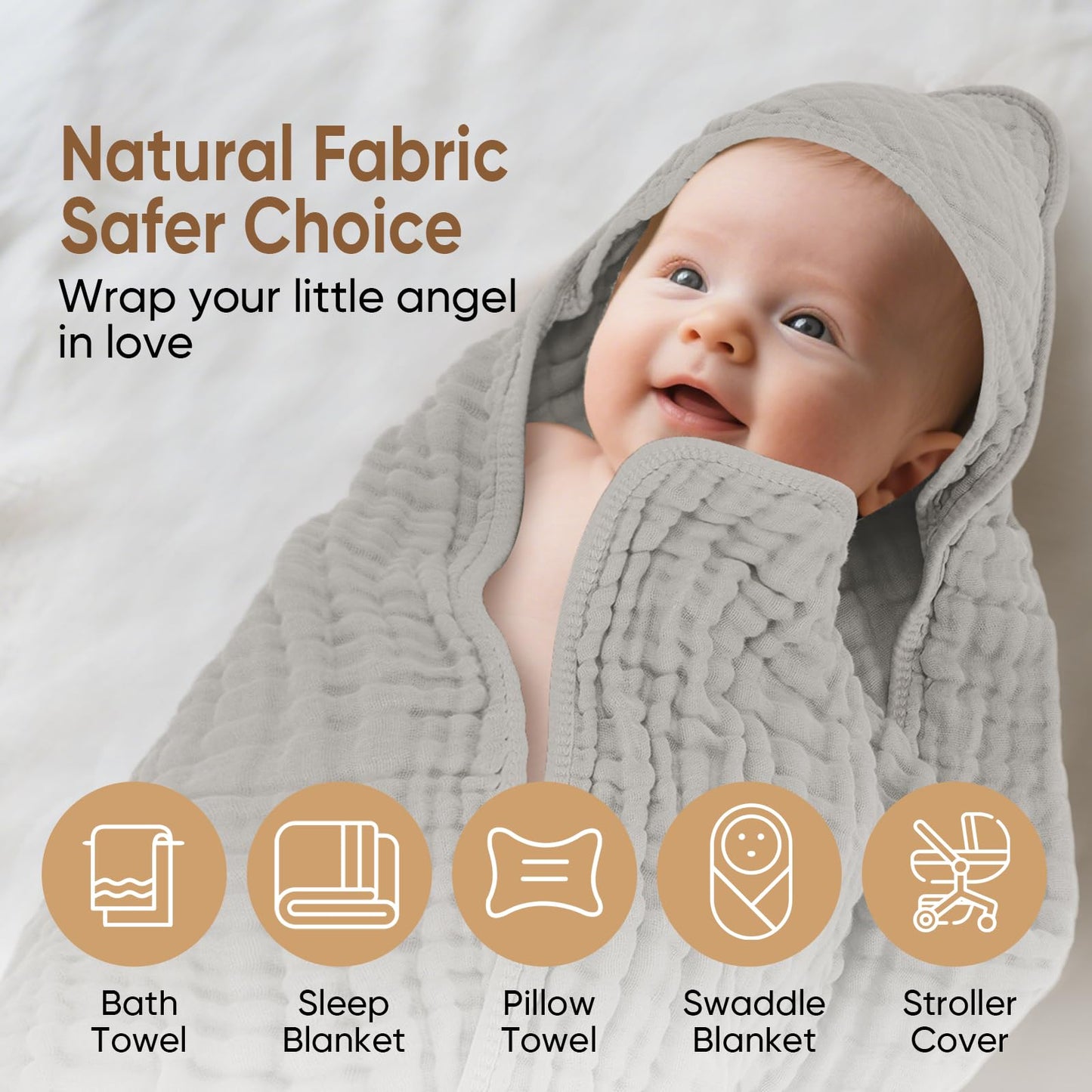 MIGIOL Muslin Hooded Baby Towels 100% Cotton ，Super Soft Muslin Baby Bath Towel - 32 x 32 Inches, Suitable for Newborn and Young Children up to 3 Years Old. (Grey & Green)