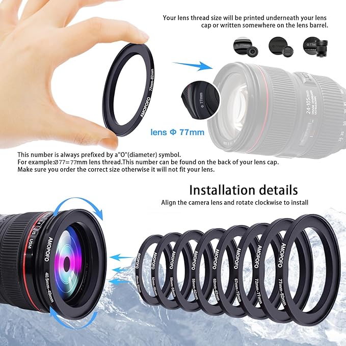 9 Pieces Lens Adapter Set,Camera Lens Filter Ring40.5-49mm/49-52mm/52-55mm/55-58mm/58-62mm/62-67mm/67-72mm/72-77mm/77-82mm(9pcs Step Up Ring Set)