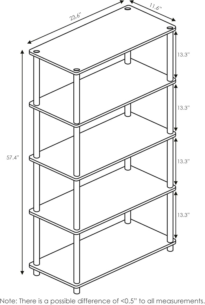 Furinno TURN-N-TUBE Storage Shelves, 5-Tier Book Shelf, Corner Shelf, Toolless Open Shelves, for Organization and Storage, Living Room, Garage, Home Office, Light Cherry