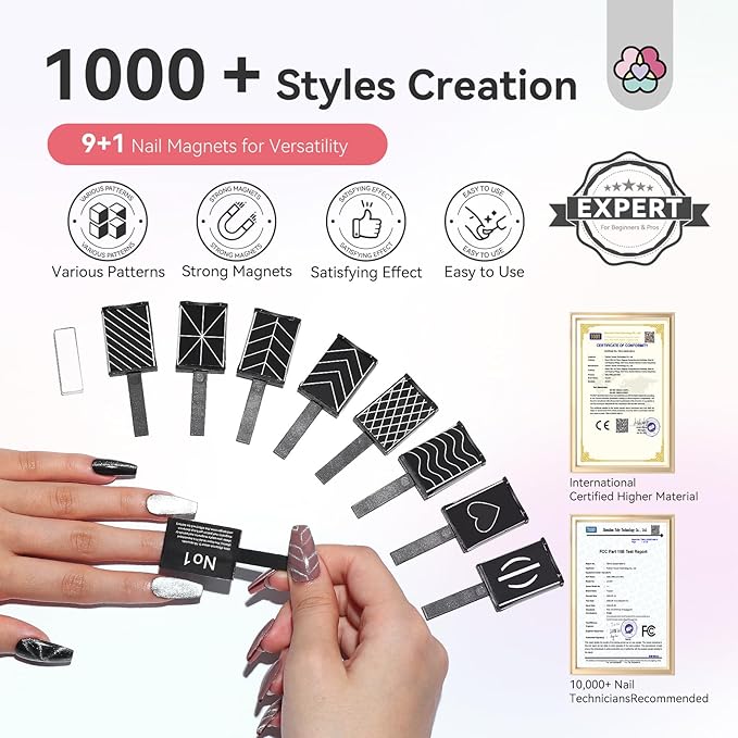 SAVILAND Cat Eye Magnet for Nails: 10PCS CatEye Gel Nail Polish Strong Nail Magnets Set 1000＋Styles Creation Magnetic Wand Quicker DIY Nail Art Tools for Enthusiasts Technicians Salon Home Studio