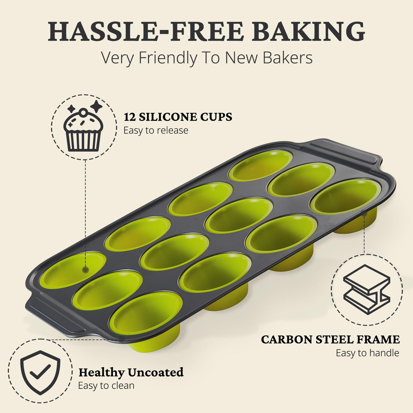 BRONYPRO Silicone Muffin Pans for Baking with Metal Frame, Egg Bite Maker Silicone Molds, Cupcake Pans 12 Regular Size, Muffin Tins Easy to Pop Nonstick Non Toxic Bakeware for Oven, Lime Green