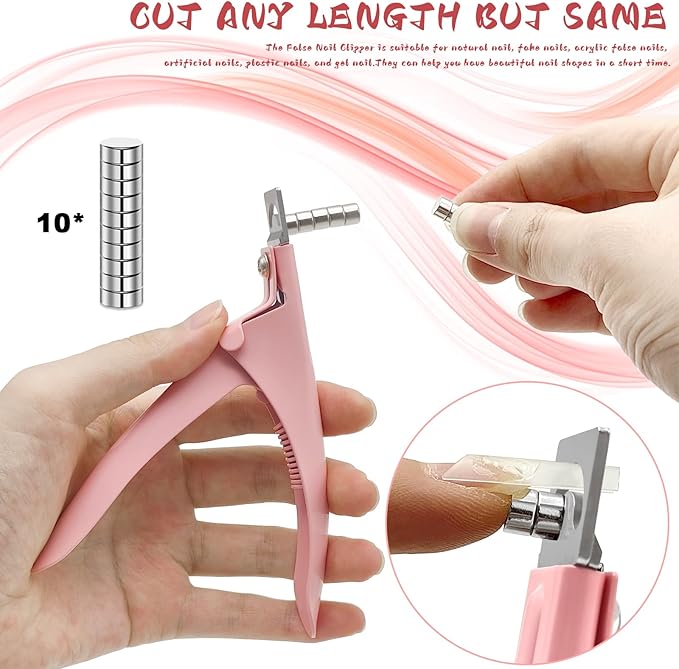Acrylic Nail Cutter with Magnet Sizer & Length Measurement,Adjustable Stainless Nail Trimmer for Salon Home Nail Art, Professional Nail Clippers for Precise Manicures(Baby Pink)