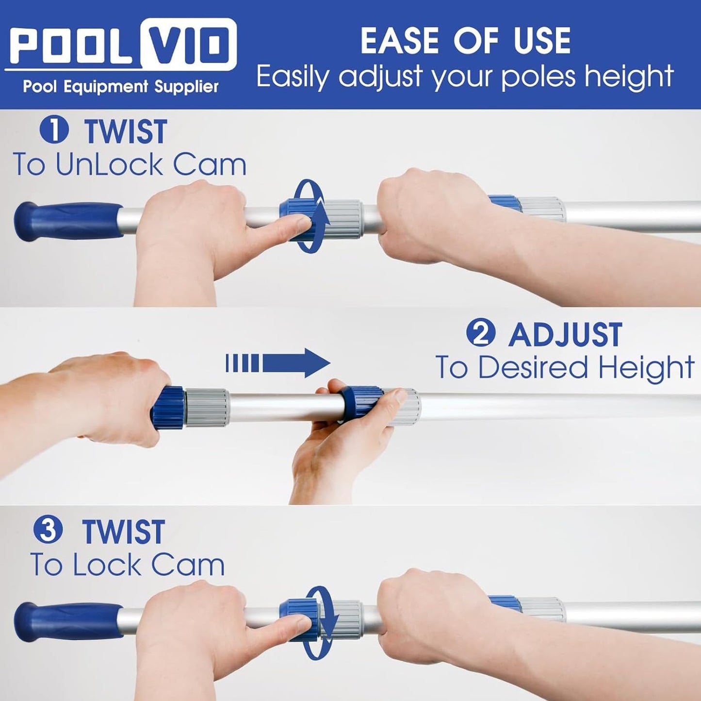 Poolvio 15 FT Telescopic Pool Pole - Adjustable 3 Piece Aluminum Pool Skimmer Pole for Pool Cleaning Skimmer Nets Vacuum Heads & Brushes, Strong Grip & Lock