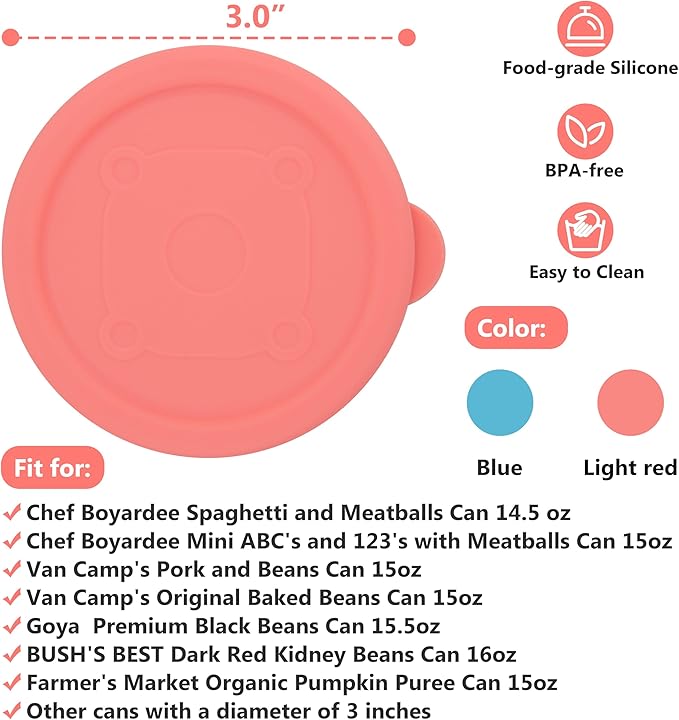 2PCs 3-inch/7.5cm Silicone Can Lids for Chef Boyardee | Van Camp's | Goya | Bush's Best | Farmer's Market Can, Can Cover for Canned Good, Fit Most Standard Size, Dishwasher Safe (Can NOT Included)