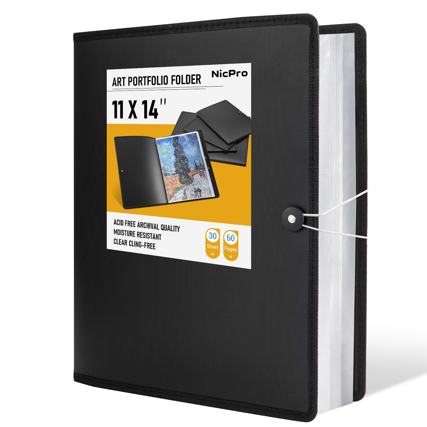 Nicpro 11x14 Art Portfolio Folder, 30 Pockets Display 60 Pages Art Painting Portfolio Binder with Clear Plastic Sleeves, Presentation Storage Book for Artists Artwork Drawing - (Black)