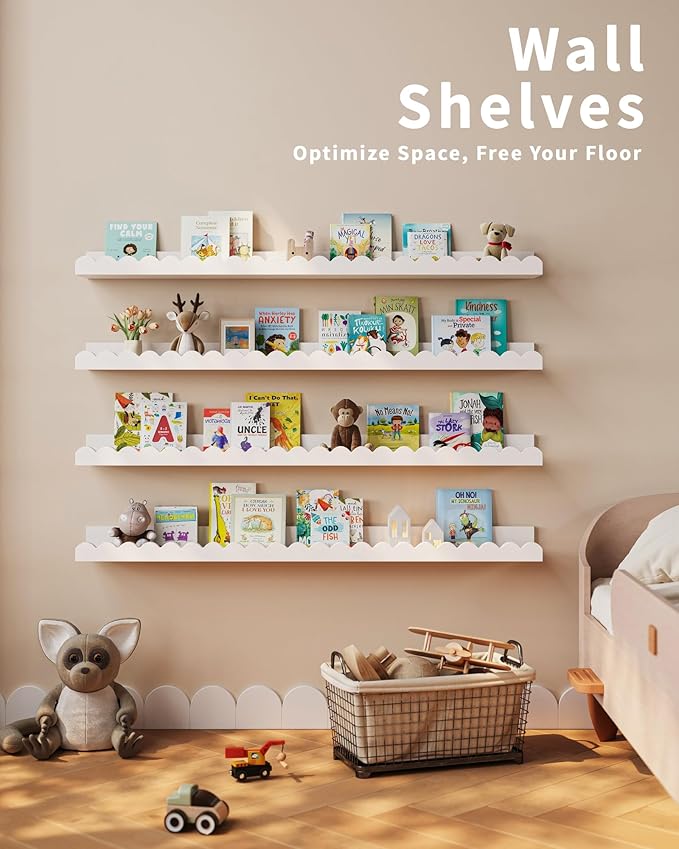 Shario Nursery Book Shelves, 4-Pack White Floating Shelves for Wall Kids, Scalloped Shelves, Wall Book Shelves for Bedroom Kids, Toddler Room, Baby Room, Nursery Decor (White, 36 Inches)
