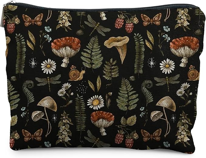 Dark Forest Cottagecore Mushroom Makeup Bag - Forest Cosmetic Bag for Gifts, Mushroom Lovers