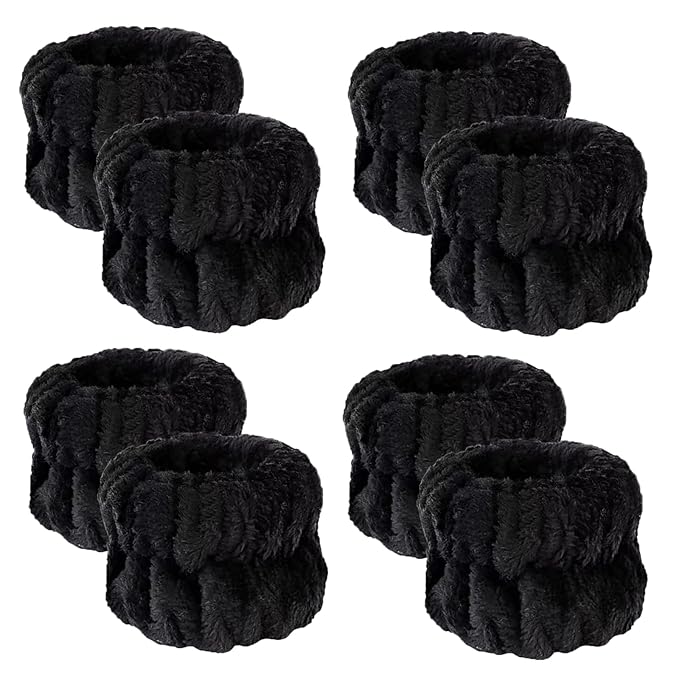 8Pcs Anmieciu Microfiber Spa Wristbands - Wrist Towels for Face Washing, Arm Bands to Prevent Liquid Spilling (Black)