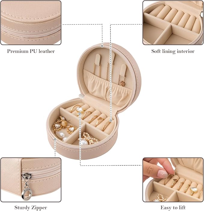 ProCase Travel Size Jewelry Box, Mini Portable Seashell-Shaped Jewelry Case, 2 Layer Organizer in PU Leather for Women -Champagne