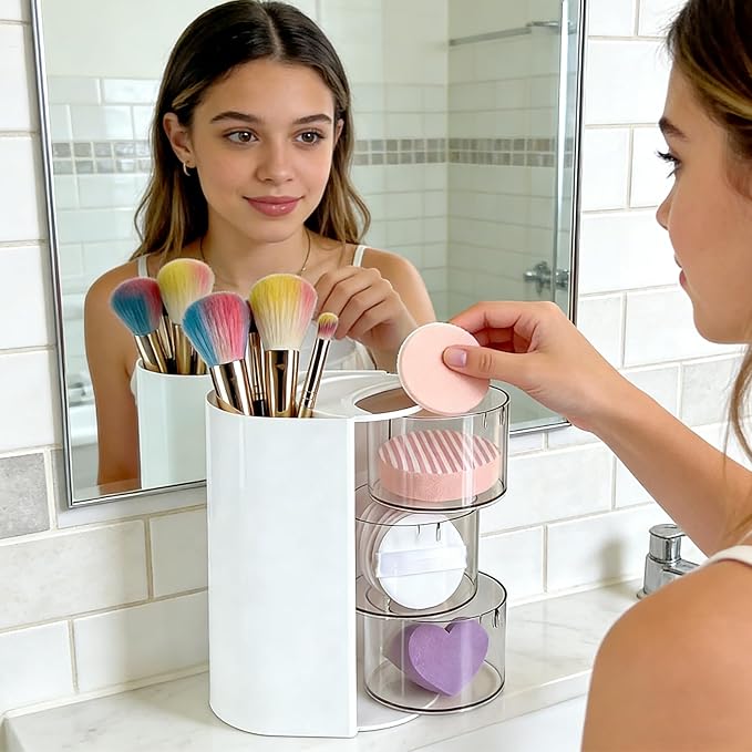 Hair Accessories Organizer for with Hair Brush Holder, Divided Rotatable Makeup Easy Organization of Hair Clips, Rings, Earrings, Makeup Brushes, Hair Clip and Hair Accessories (White, 3-Layer)