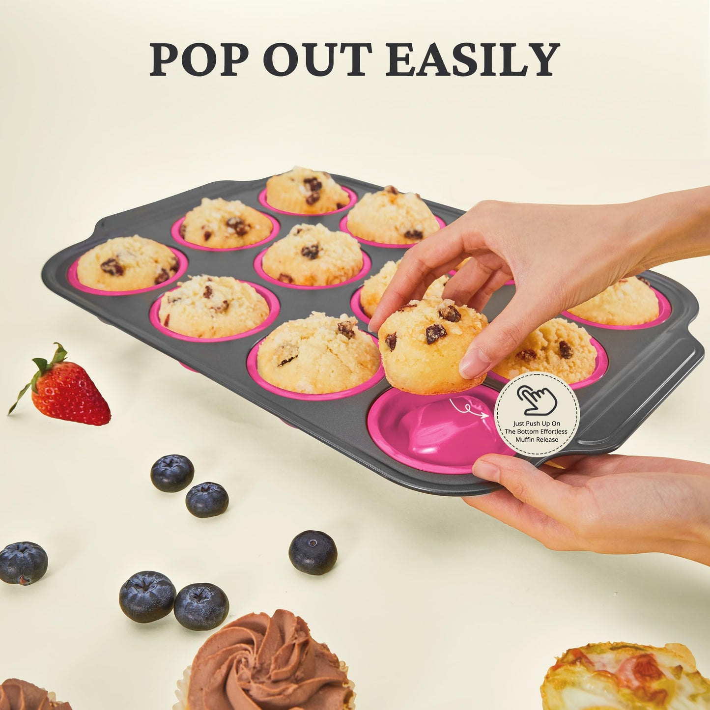 BRONYPRO Silicone Muffin Pans for Baking with Metal Frame, Egg Bite Molds, Cupcake Pans 12 Regular Size, Muffin Tins Easy to Pop Nonstick Non Toxic Bakeware for Oven,Rose Pink
