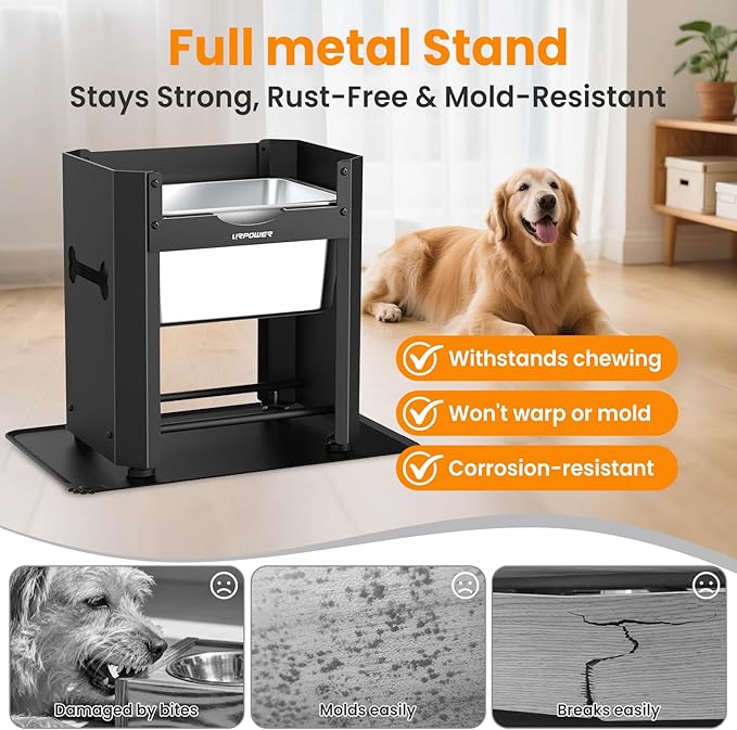 URPOWER 3 Gallon Mess Proof Elevated Dog Water Bowl for Large Breeds, 14.2" Raised Stainless Steel Bowl with Full Metal Stand - Non-Slip Mat, Relief Joint Pressure, Easy to Clean, Indoor/Outdoor Use