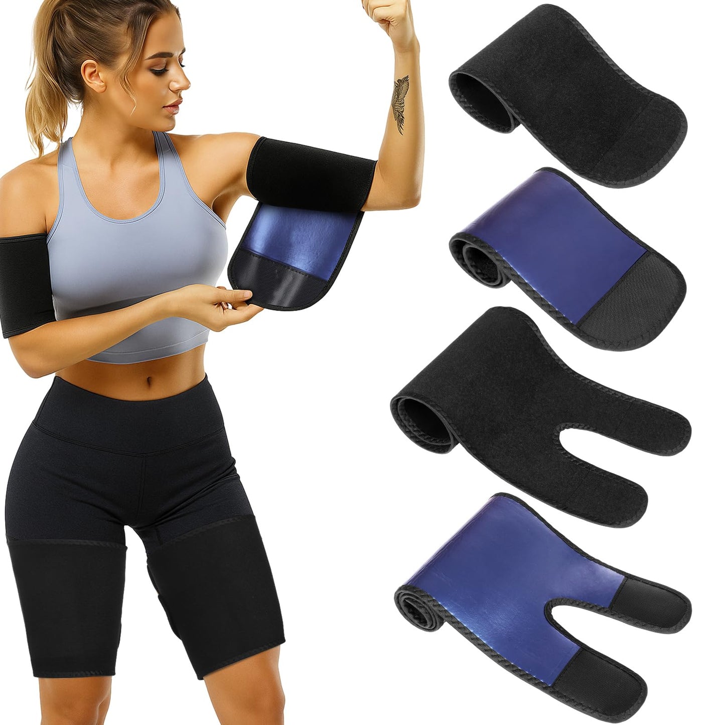 Shyyween 4 Pcs Thigh Wraps & Arm Trimmers Set Thigh and Arm Sweat Bands Slimmer Leg Wrap Compression for Weight Loss(Black and Blue)