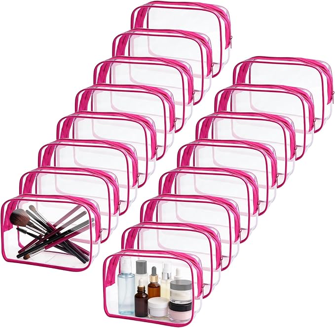 18 Pieces Small Clear Makeup Bags Bulk, TSA Approved Toiletry Bag PVC Clear Cosmetic Pouch with Zipper, Waterproof Vinyl Plastic Organizer Case for for Women Carry-on Travel Essentials (Rose Red)