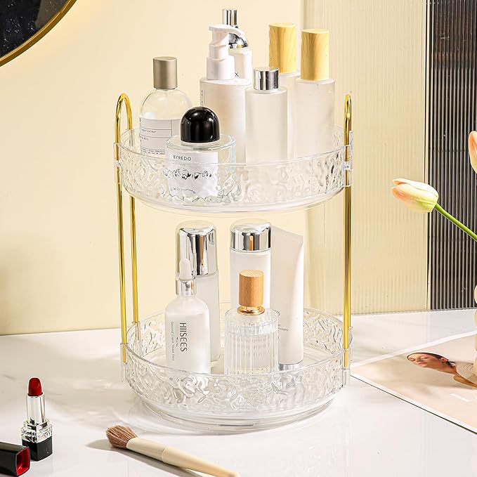 Fangoo 2 Tiers Clear Rotating Makeup Organizer for Vanity, 360 Spinning Skincare Organizers for Dresser Perfume Organizer Large Skincare Make up Storage Cosmetic Organizer for Bathroom Countertop