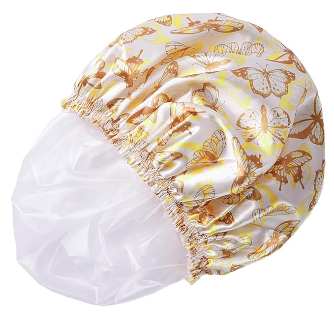 Shower Cap for Women,4 PCS Elastic and Reusable Bath Caps, Double Layers Shower Caps Reusable Waterproof, Bathing Shower Caps, Environmental Bath Hair Protection Cap - Butterfly D