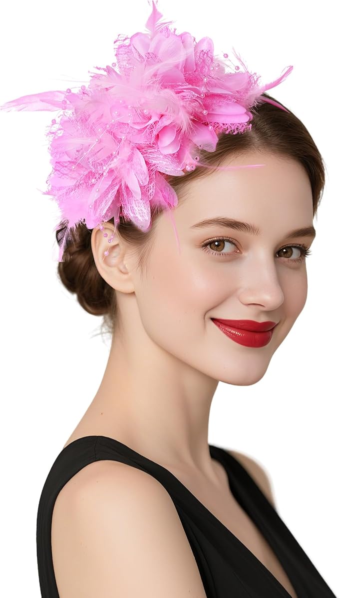 Womens Fascinators Hats Tea Party Hats for Women, Feather Pearl Veil Headband for Wedding Cocktail Dresses Accessories