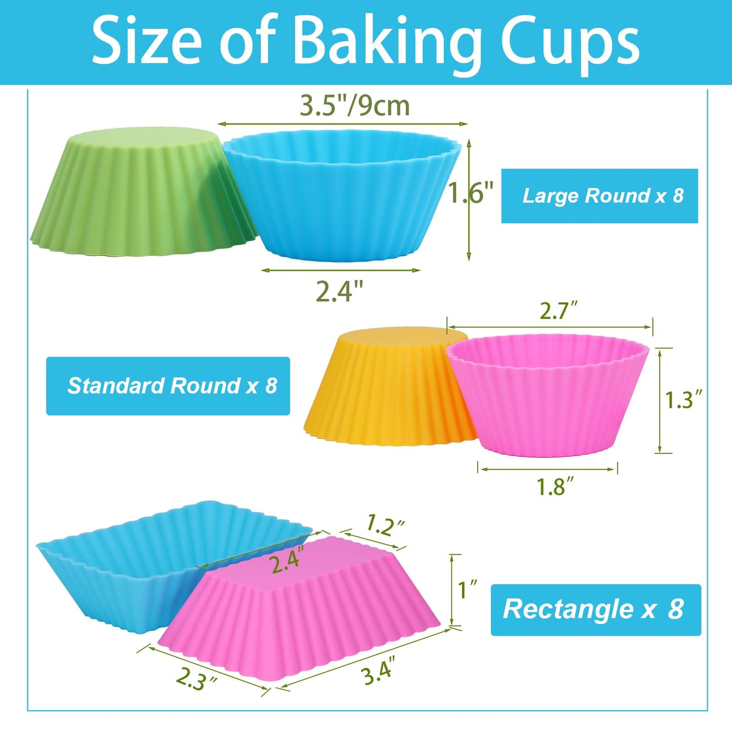 24Pack Silicone Muffin Cups, Reusable Cupcake Liners Molds for Baking, 3 Shapes Lunch Box Bento Dividers-Round, Square, and Rectangular (Colorsful, Large Size)