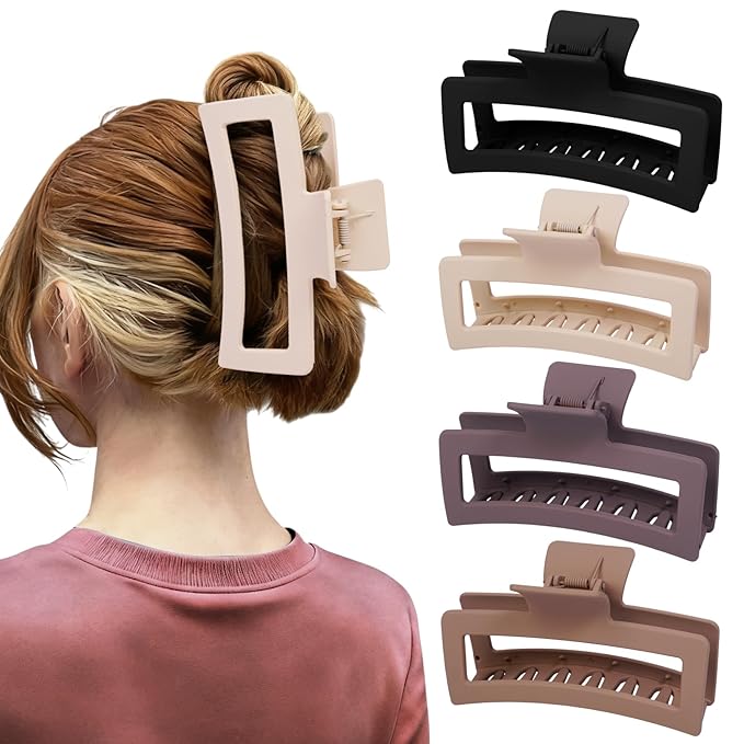 5 Inch XL Jumbo Claw Clips for Thick and Long Hair, 4-Pack Oversized Matte Rectangle Hair Clips for Women, Strong Hold Non-Slip Jaw Clips, Neutral Shades
