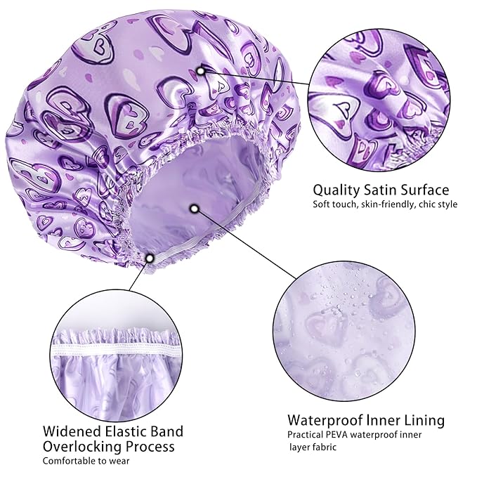4 PCS Shower Cap for Women, Elastic and Reusable Bath Caps, Double Layers Shower Caps Reusable Waterproof, Bathing Shower Caps, Environmental Bath Hair Protection Cap - Heart